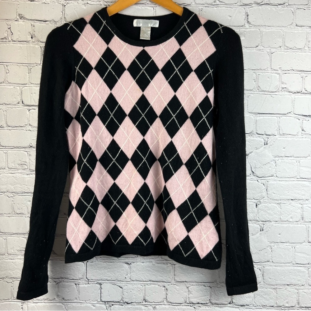 McDuff Women’s Cashmere Crew Neck Sweater, Preppy Argyle, Size S